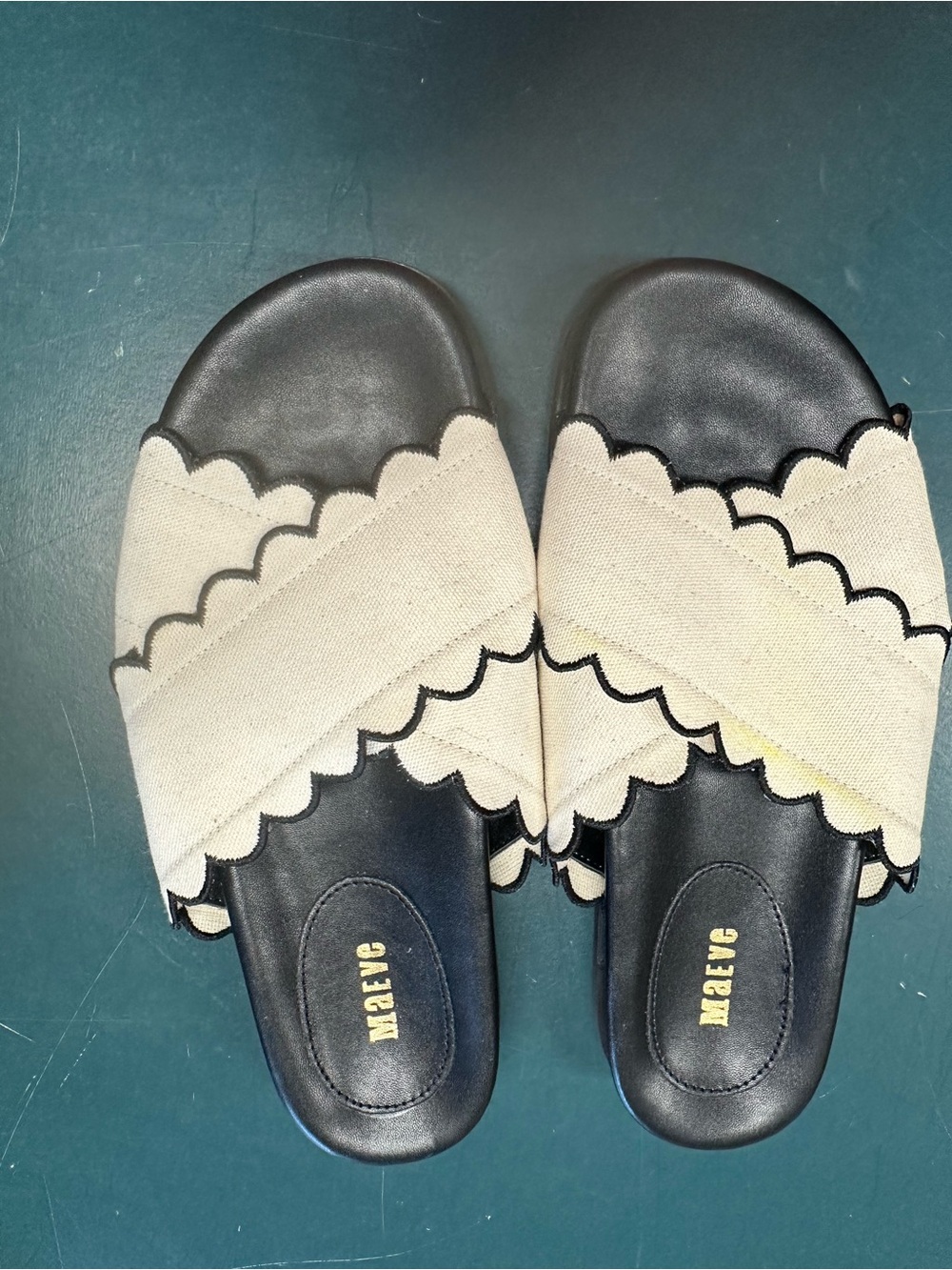 Maeve Black and Beige Scallop-Trim Slide Mules